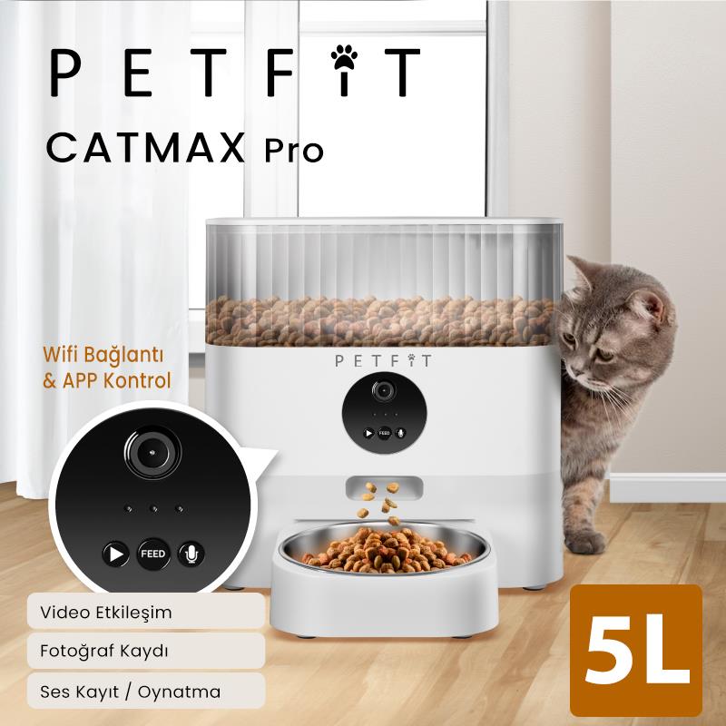 Petfit CatMax Pro 5L Wi-Fi Kameralı Akıllı Otomatik Kedi Köpek Mama Kabı Besleme Ünitesi (Sesli Komut+Çelik Kase+APP Kontrol)