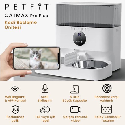 Petfit CatMax Pro Plus 5L Wi-Fi Kameralı Çift Kase Akıllı Otomatik Kedi Köpek Mama Kabı Besleme Ünitesi (Sesli Komut+Çelik Kase+APP Kontrol) - Thumbnail