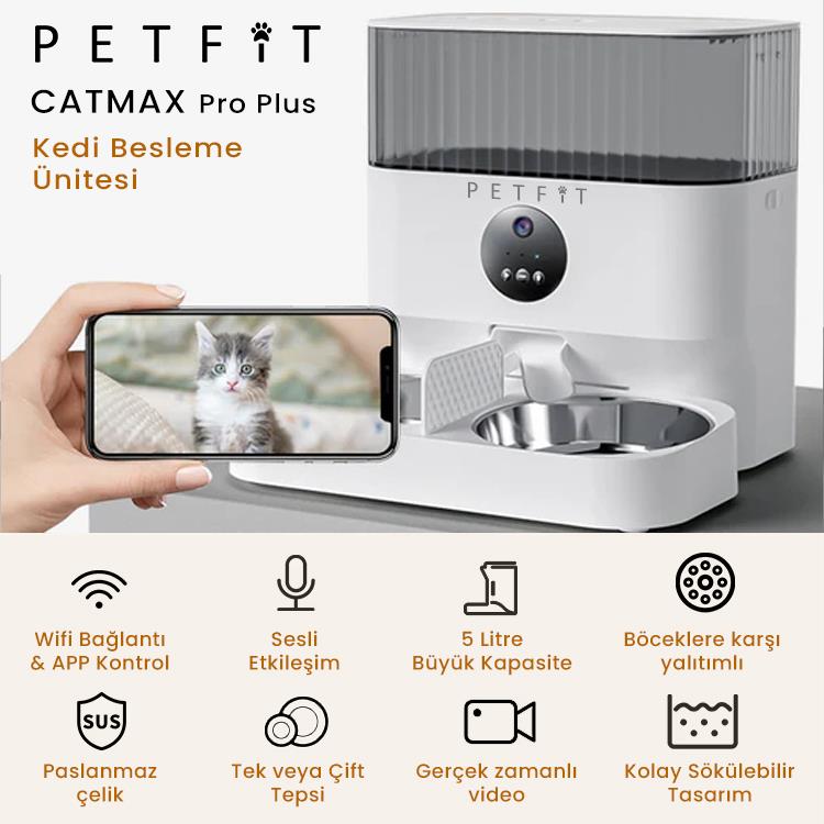 Petfit CatMax Pro Plus 5L Wi-Fi Kameralı Çift Kase Akıllı Otomatik Kedi Köpek Mama Kabı Besleme Ünitesi (Sesli Komut+Çelik Kase+APP Kontrol)