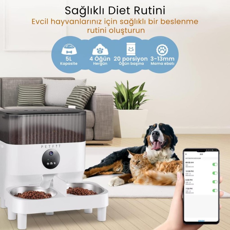 Petfit CatMax Pro Plus 5L Wi-Fi Kameralı Çift Kase Akıllı Otomatik Kedi Köpek Mama Kabı Besleme Ünitesi (Sesli Komut+Çelik Kase+APP Kontrol)