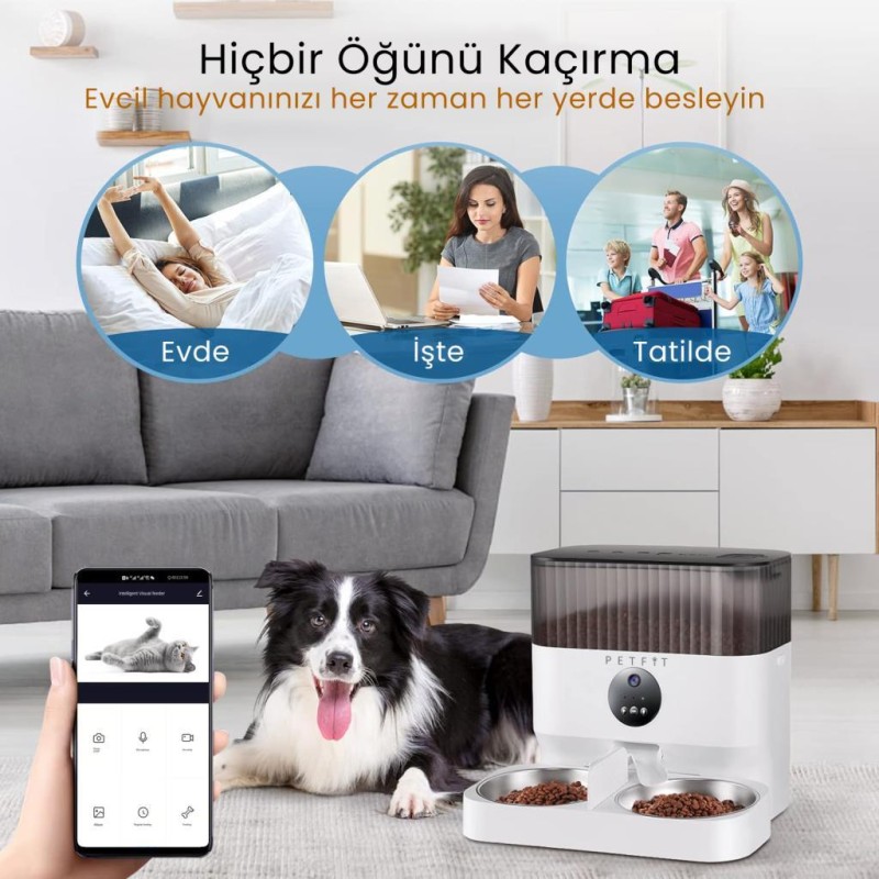 Petfit CatMax Pro Plus 5L Wi-Fi Kameralı Çift Kase Akıllı Otomatik Kedi Köpek Mama Kabı Besleme Ünitesi (Sesli Komut+Çelik Kase+APP Kontrol)