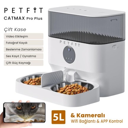 Petfit - Petfit CatMax Pro Plus 5L Wi-Fi Kameralı Çift Kase Akıllı Otomatik Kedi Köpek Mama Kabı Besleme Ünitesi (Sesli Komut+Çelik Kase+APP Kontrol)