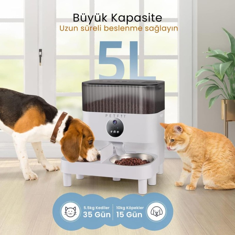Petfit CatMax Pro Plus 5L Wi-Fi Kameralı Çift Kase Akıllı Otomatik Kedi Köpek Mama Kabı Besleme Ünitesi (Sesli Komut+Çelik Kase+APP Kontrol)