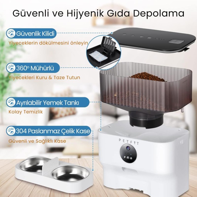Petfit CatMax Pro Plus 5L Wi-Fi Kameralı Çift Kase Akıllı Otomatik Kedi Köpek Mama Kabı Besleme Ünitesi (Sesli Komut+Çelik Kase+APP Kontrol)