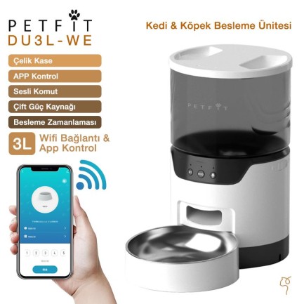 Petfit - Petfit DU3L-WE 3L Wi-Fi Akıllı Otomatik Kedi Köpek Mama Kabı Besleme Ünitesi (Sesli Komut+Çelik Kase+APP Kontrol)