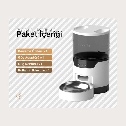 Petfit DU3L-WE 3L Wi-Fi Akıllı Otomatik Kedi Köpek Mama Kabı Besleme Ünitesi (Sesli Komut+Çelik Kase+APP Kontrol) - Thumbnail