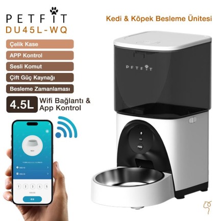 Petfit - Petfit DU45L-WQ 4.5L Wi-Fi Akıllı Otomatik Kedi Köpek Mama Kabı Besleme Ünitesi (Sesli Komut+Çelik Kase+APP Kontrol)