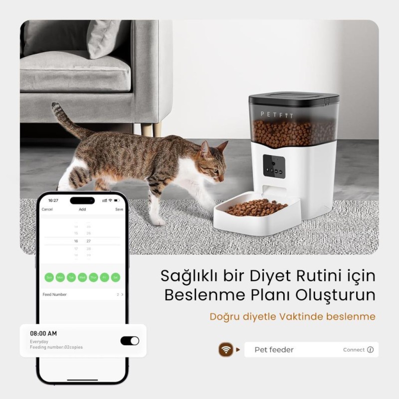 Petfit Feline Prime 3L Wi-Fi Kameralı Akıllı Otomatik Kedi Köpek Mama Kabı Besleme Ünitesi (Sesli Komut+Çelik Kase+APP Kontrol)