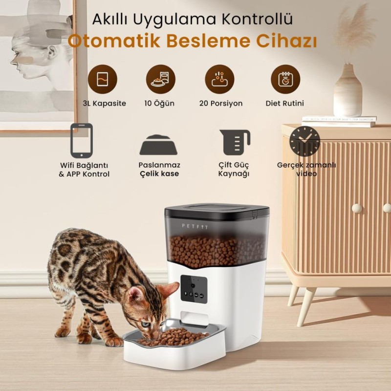 Petfit Feline Prime 3L Wi-Fi Kameralı Akıllı Otomatik Kedi Köpek Mama Kabı Besleme Ünitesi (Sesli Komut+Çelik Kase+APP Kontrol)