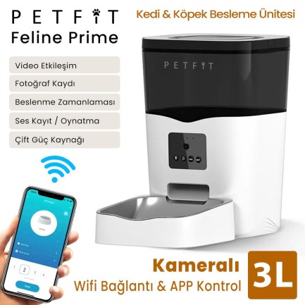 Petfit - Petfit Feline Prime 3L Wi-Fi Kameralı Akıllı Otomatik Kedi Köpek Mama Kabı Besleme Ünitesi (Sesli Komut+Çelik Kase+APP Kontrol)