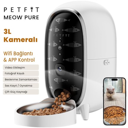 Petfit - Petfit Meow Pure 3L Wi-Fi Kameralı Akıllı Otomatik Kedi Köpek Mama Kabı Besleme Ünitesi (Sesli Komut+Çelik Kase+APP Kontrol)