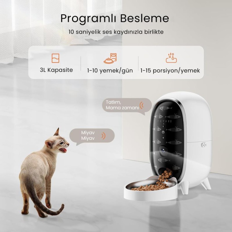 Petfit Meow Pure 3L Wi-Fi Kameralı Akıllı Otomatik Kedi Köpek Mama Kabı Besleme Ünitesi (Sesli Komut+Çelik Kase+APP Kontrol)