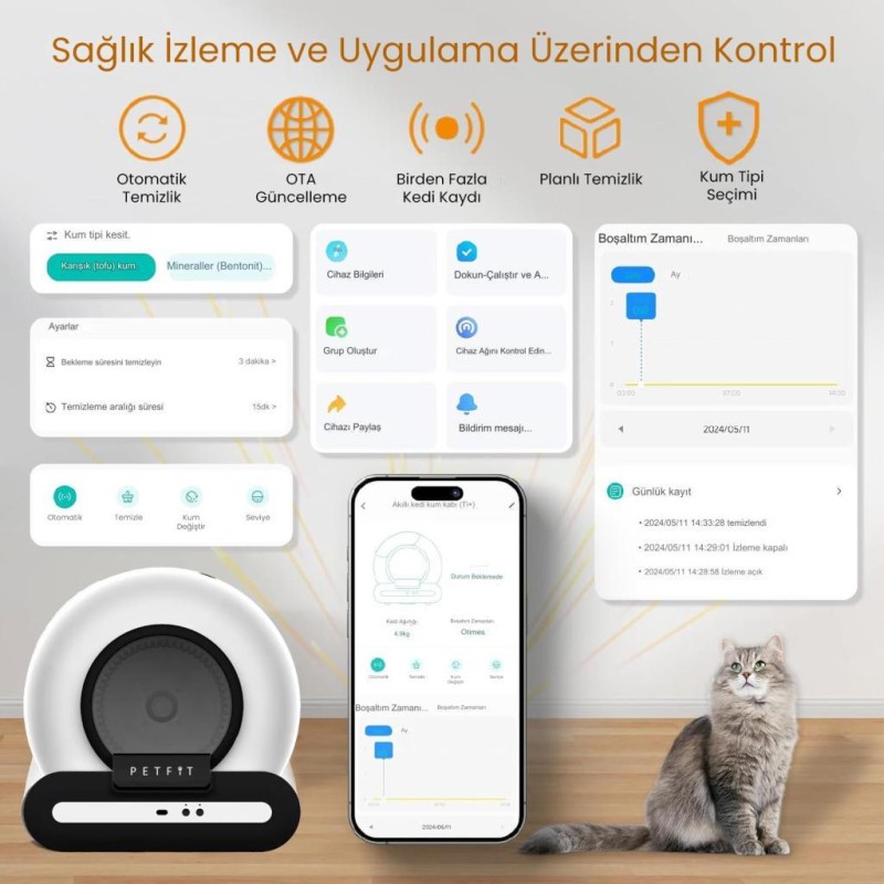 Petfit Ti+ 65L WiFi Otomatik Akıllı Kedi Tuvaleti Siyah Yeni Versiyon