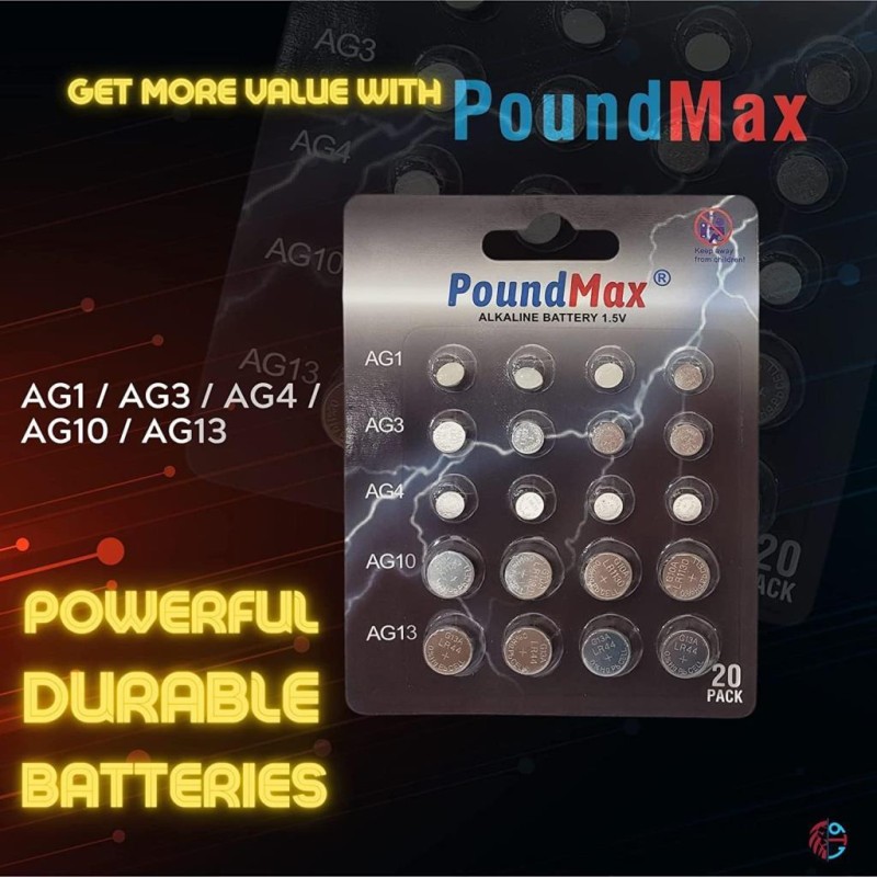 Poundmax 20 x AG1 AG3 AG4 AG10 AG13 PoundMax Alkalin Karışık Pil