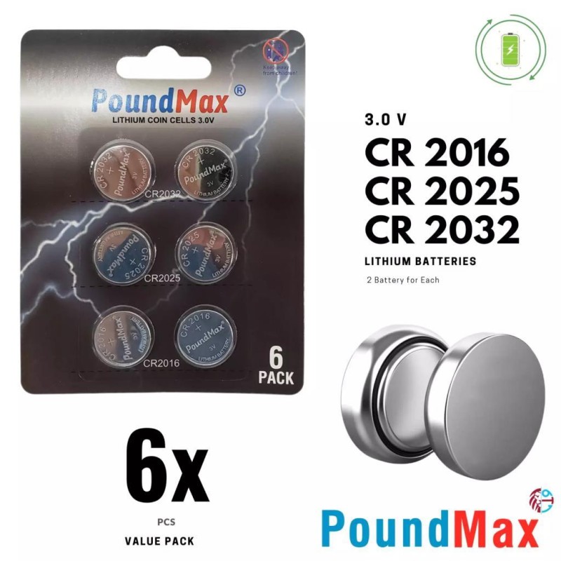 PoundMax Süper Karışık CR2032 CR2025 CR2016 3 V Lityum Düğme Pil (6'lı Paket)