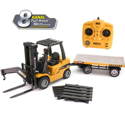 HUINA - HUINA 1576 1/10 Yüksek Kalite RC Model Forklift & Römork Vinç Set İş Makinesi RC Uzaktan Kumandalı Metal -2.4G 8 Kanal Full Fonksiyon Sesli&Işıklı