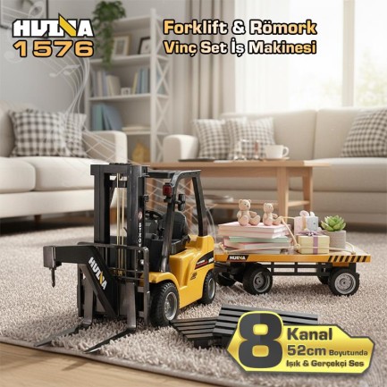 HUINA - HUINA 1576 1/10 Yüksek Kalite RC Model Forklift & Römork Vinç Set İş Makinesi RC Uzaktan Kumandalı Metal -2.4G 8 Kanal Full Fonksiyon Sesli&Işıklı