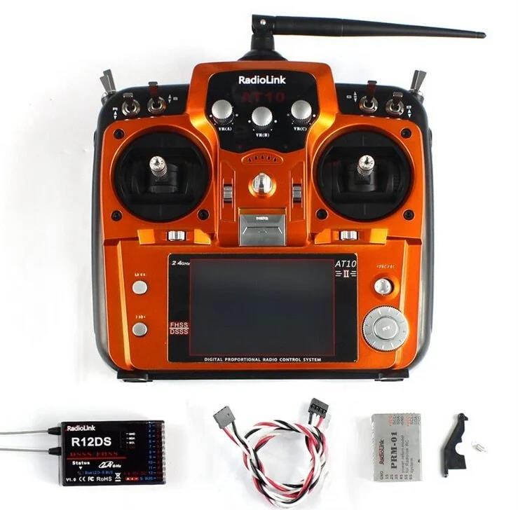 Radiolink AT10II 2.4Ghz 12 Kanal DSSS/FHSS Radio Kontrol Uzaktan Kumanda +R12DS Alıcı+PRM-01 Telemetri Sensörü S-BUS+PPM+PWM Turuncu (4KM Kontrol Mesafesi)