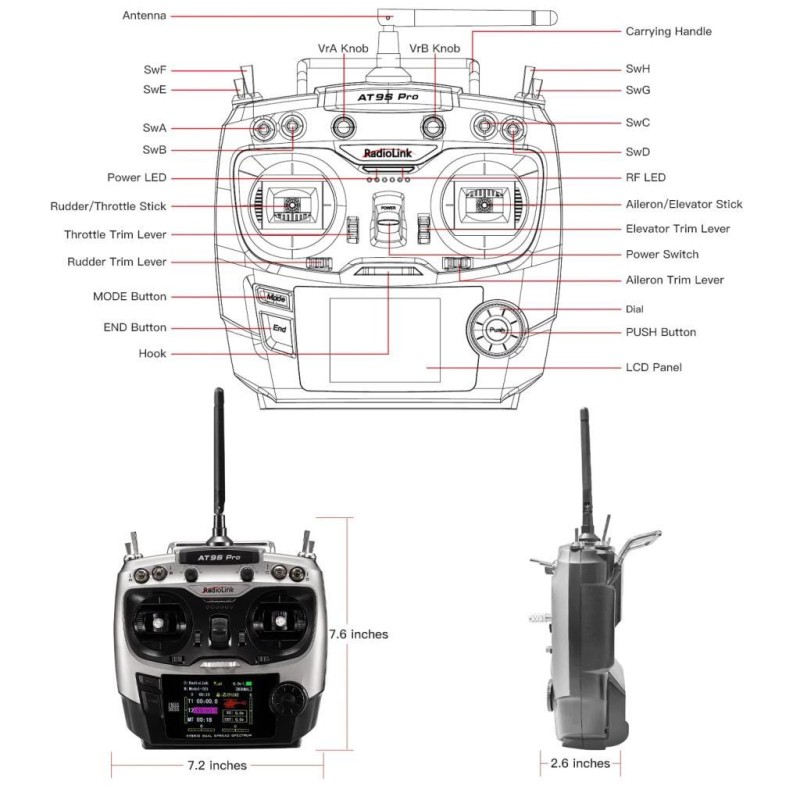 Radiolink AT9S Pro 2.4Ghz 10/12 Kanal DSSS/FHSS Radio Kontrol Uzaktan Kumanda +R9DS Alıcı S-BUS+PPM+PWM w/TBS Crossfire Gümüş (3.4KM Kontrol Mesafesi)
