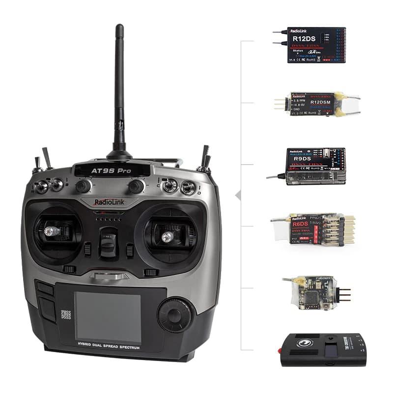 Radiolink AT9S Pro 2.4Ghz 10/12 Kanal DSSS/FHSS Radio Kontrol Uzaktan Kumanda +R9DS Alıcı S-BUS+PPM+PWM w/TBS Crossfire Gümüş (3.4KM Kontrol Mesafesi)
