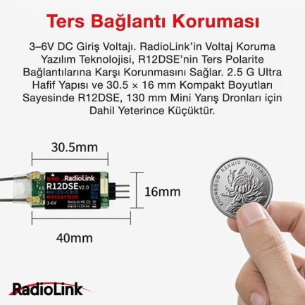 Radiolink R12DSE Mini 12 Kanal Uzaktan Kumanda Alıcısı Telemetry Receiver w/PPM+S-BUS (AT9&AT9S&AT10&AT10II İle Uyumludur) - Thumbnail