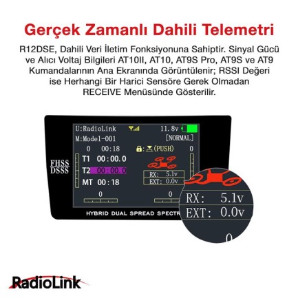 Radiolink R12DSE Mini 12 Kanal Uzaktan Kumanda Alıcısı Telemetry Receiver w/PPM+S-BUS (AT9&AT9S&AT10&AT10II İle Uyumludur) - Thumbnail