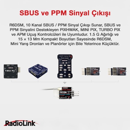 Radiolink R6DSM Mini 10 Kanal Uzaktan Kumanda Alıcısı Receiver w/PPM&S-BUS (AT9&AT9S&AT10&AT10II İle Uyumludur) - Thumbnail