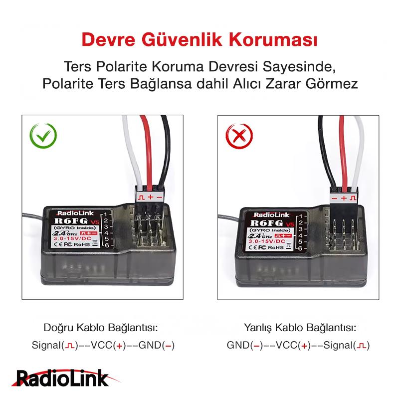 Radiolink R6FG 6 Kanal Uzaktan Kumanda Alıcısı Receiver w/Integrated Gyro (RC6GS/RC4GS/T8FB/T8S İle Uyumludur)