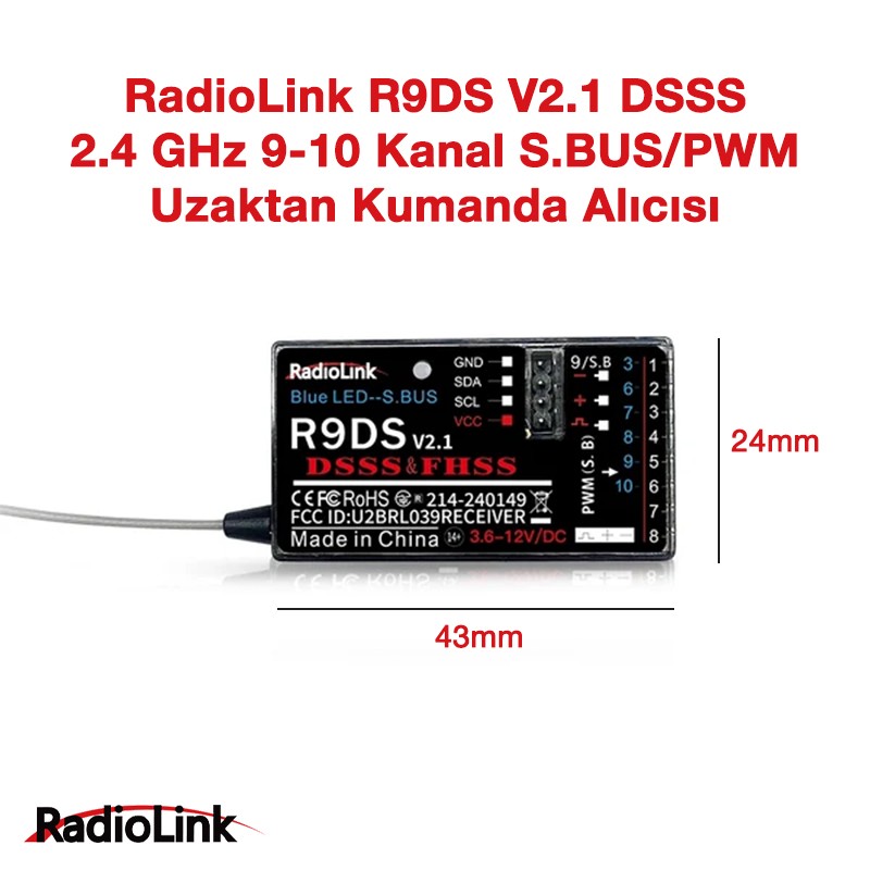 RadioLink R9DS V2.1 DSSS 2.4 GHz 9-10 Kanal S.BUS/PWM Uzaktan Kumanda Alıcısı