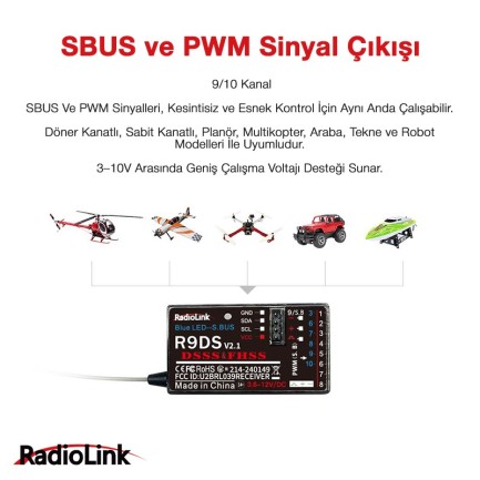 RadioLink R9DS V2.1 DSSS 2.4 GHz 9-10 Kanal S.BUS/PWM Uzaktan Kumanda Alıcısı - Thumbnail