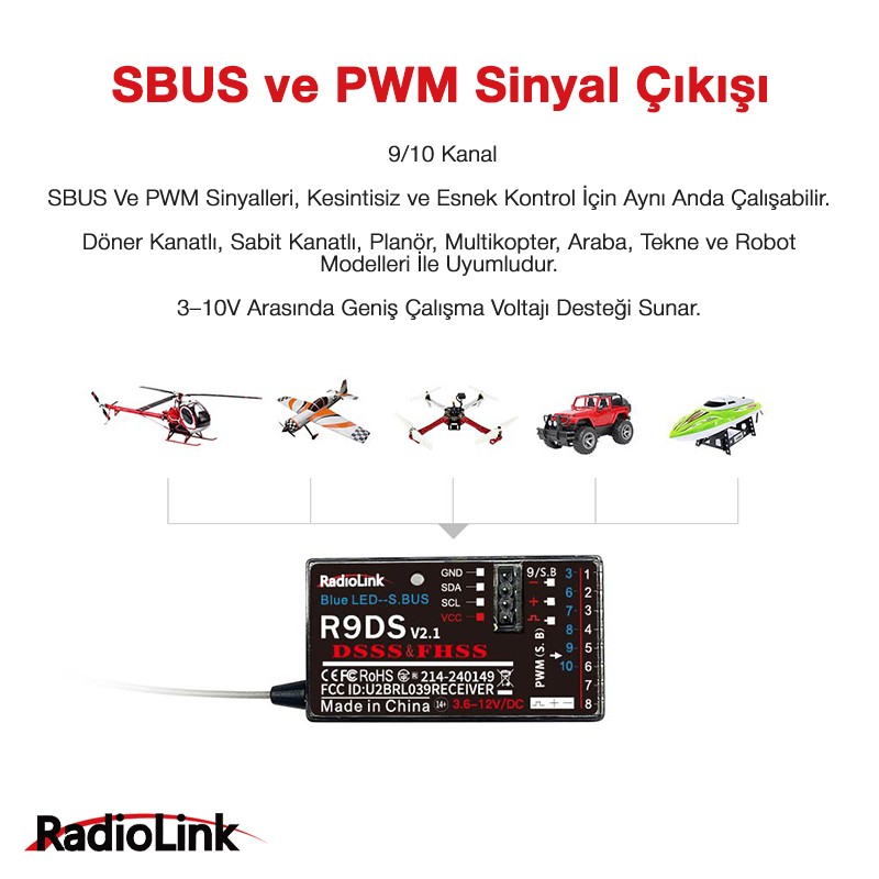 RadioLink R9DS V2.1 DSSS 2.4 GHz 9-10 Kanal S.BUS/PWM Uzaktan Kumanda Alıcısı