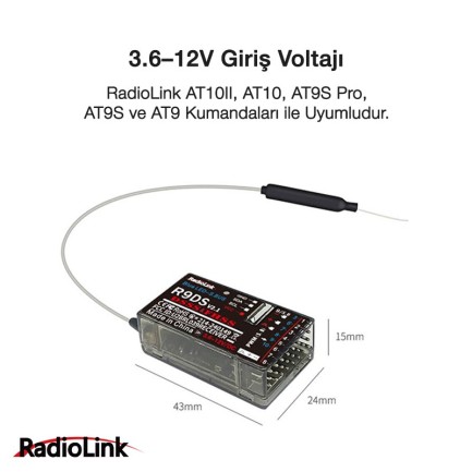 RadioLink R9DS V2.1 DSSS 2.4 GHz 9-10 Kanal S.BUS/PWM Uzaktan Kumanda Alıcısı - Thumbnail