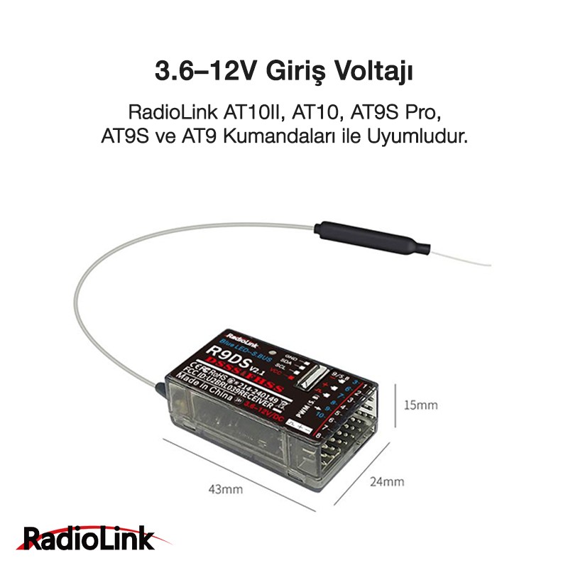 RadioLink R9DS V2.1 DSSS 2.4 GHz 9-10 Kanal S.BUS/PWM Uzaktan Kumanda Alıcısı