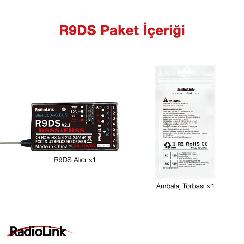 RadioLink R9DS V2.1 DSSS 2.4 GHz 9-10 Kanal S.BUS/PWM Uzaktan Kumanda Alıcısı