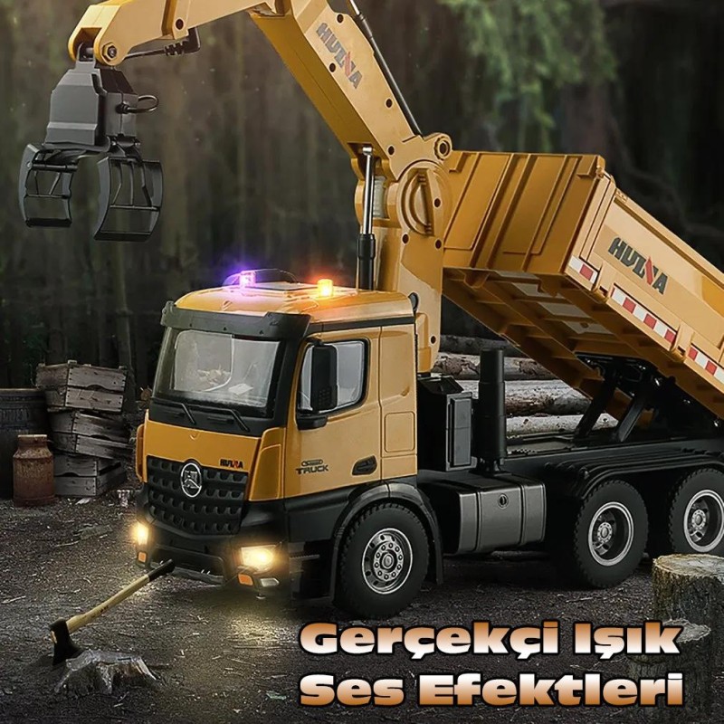 HUINA 1575 1/14 Yüksek Kalite 26 Kanal RC Model Tutma Kollu Kepçeli Damperli Kamyon Uzaktan Kumandali Çok Fonksiyonlu İş Makinası - 2.4G Sesli & Işıklı