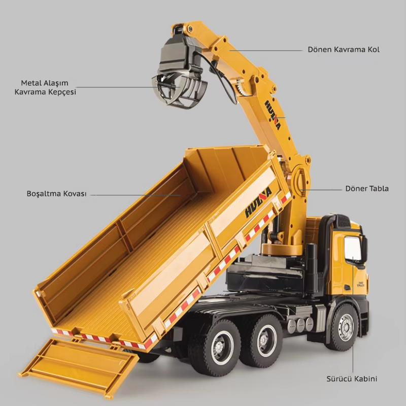 HUINA 1575 1/14 Yüksek Kalite 26 Kanal RC Model Tutma Kollu Kepçeli Damperli Kamyon Uzaktan Kumandali Çok Fonksiyonlu İş Makinası - 2.4G Sesli & Işıklı