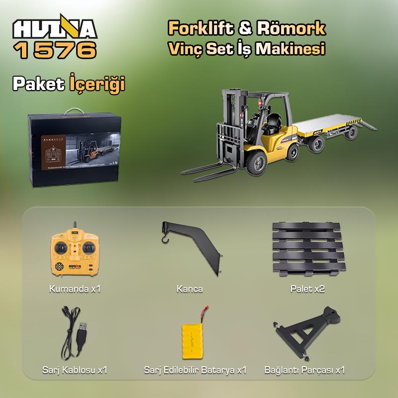 HUINA 1576 1/10 Yüksek Kalite RC Model Forklift & Römork Vinç Set İş Makinesi RC Uzaktan Kumandalı Metal -2.4G 8 Kanal Full Fonksiyon Sesli&Işıklı