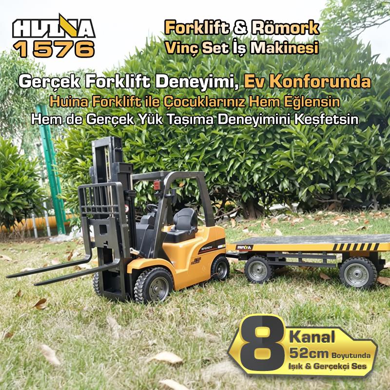 HUINA 1576 1/10 Yüksek Kalite RC Model Forklift & Römork Vinç Set İş Makinesi RC Uzaktan Kumandalı Metal -2.4G 8 Kanal Full Fonksiyon Sesli&Işıklı