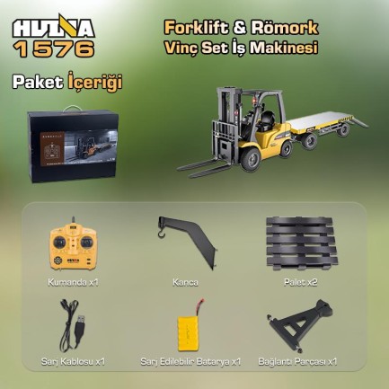 HUINA 1576 1/10 Yüksek Kalite RC Model Forklift & Römork Vinç Set İş Makinesi RC Uzaktan Kumandalı Metal -2.4G 8 Kanal Full Fonksiyon Sesli&Işıklı - Thumbnail