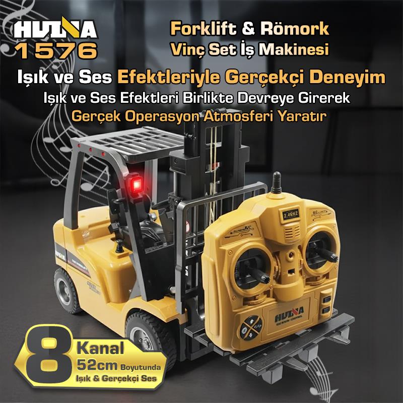 HUINA 1576 1/10 Yüksek Kalite RC Model Forklift & Römork Vinç Set İş Makinesi RC Uzaktan Kumandalı Metal -2.4G 8 Kanal Full Fonksiyon Sesli&Işıklı