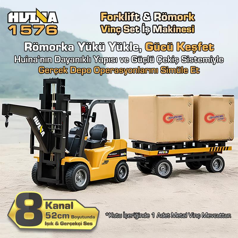 HUINA 1576 1/10 Yüksek Kalite RC Model Forklift & Römork Vinç Set İş Makinesi RC Uzaktan Kumandalı Metal -2.4G 8 Kanal Full Fonksiyon Sesli&Işıklı