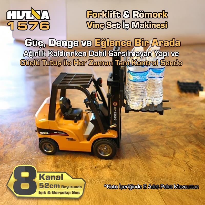 HUINA 1576 1/10 Yüksek Kalite RC Model Forklift & Römork Vinç Set İş Makinesi RC Uzaktan Kumandalı Metal -2.4G 8 Kanal Full Fonksiyon Sesli&Işıklı