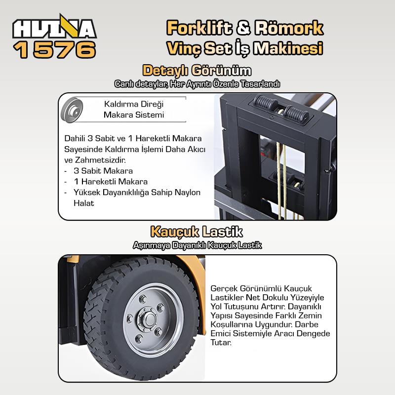HUINA 1576 1/10 Yüksek Kalite RC Model Forklift & Römork Vinç Set İş Makinesi RC Uzaktan Kumandalı Metal -2.4G 8 Kanal Full Fonksiyon Sesli&Işıklı