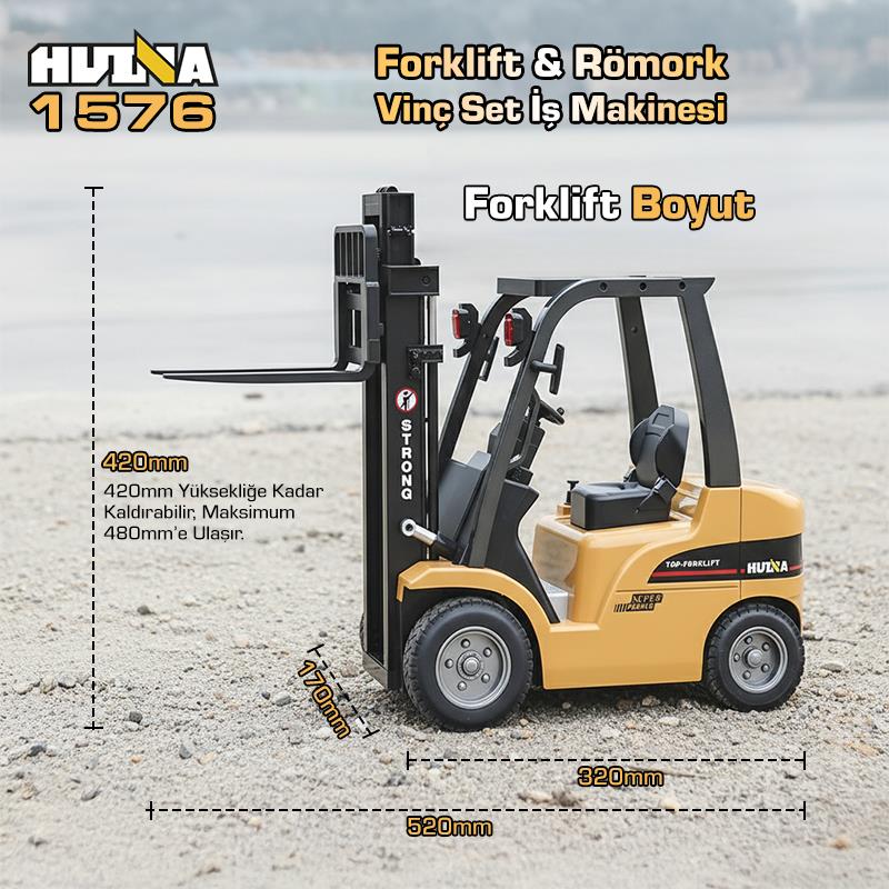 HUINA 1576 1/10 Yüksek Kalite RC Model Forklift & Römork Vinç Set İş Makinesi RC Uzaktan Kumandalı Metal -2.4G 8 Kanal Full Fonksiyon Sesli&Işıklı