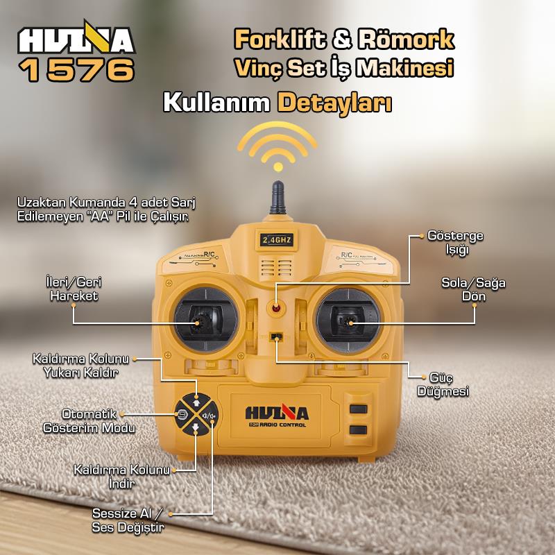 HUINA 1576 1/10 Yüksek Kalite RC Model Forklift & Römork Vinç Set İş Makinesi RC Uzaktan Kumandalı Metal -2.4G 8 Kanal Full Fonksiyon Sesli&Işıklı
