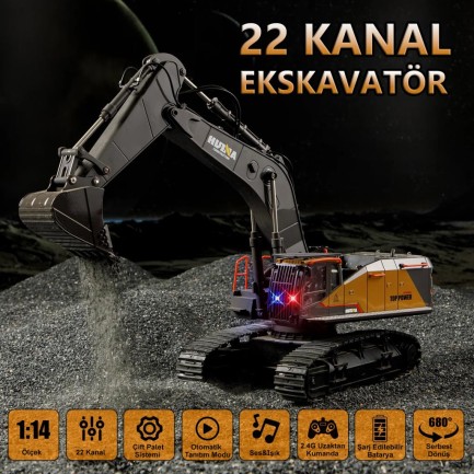 HUINA 1592 1/14 Yüksek Kalite 22 Kanal RC Model Metal Kepçeli Ekskavatör Kazıcı Uzaktan Kumandali Çok Fonksiyonlu İş Makinesi -2.4G Sesli&Işıklı - Thumbnail