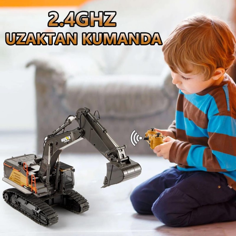HUINA 1592 1/14 Yüksek Kalite 22CH Profesyonel RC Uzaktan Kumandalı İş Makinesi Metal Kepçeli Ekskavatör Kazıcı Excavator İnşaat Aracı - Sesli ve Işıklı