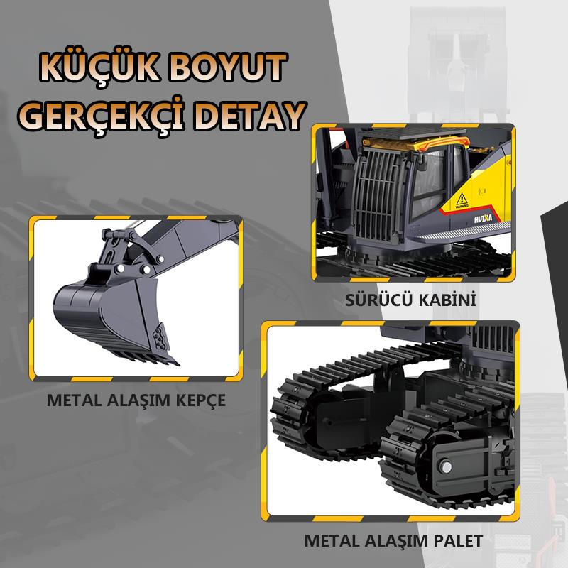 HUINA 1592 1/14 Yüksek Kalite 22CH Profesyonel RC Uzaktan Kumandalı İş Makinesi Metal Kepçeli Ekskavatör Kazıcı Excavator İnşaat Aracı - Sesli ve Işıklı