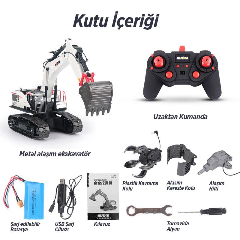 HUINA 1594 1/14 Profesyonel 22 Kanal RC Model 4 Farklı Metal Kepçeli Ekskavatör Kepçe Kazıcı Uzaktan Kumandalı İş Makinesi -2.4G Sesli&Işıklı - Taşıma Çantası Dahil