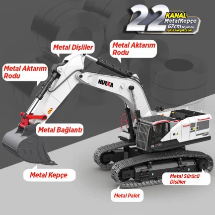 HUINA 1594 1/14 Profesyonel 22 Kanal RC Model 4 Farklı Metal Kepçeli Ekskavatör Kepçe Kazıcı Uzaktan Kumandalı İş Makinesi -2.4G Sesli&Işıklı - Taşıma Çantası Dahil - Thumbnail